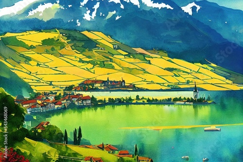Lavaux, switzerland, digital painting. Watercolor, geneva lake with vineyards, mountains clouds. Beautiful 4k scenery. Colorful drawing, painting. Nature, tourism, outdoor view.