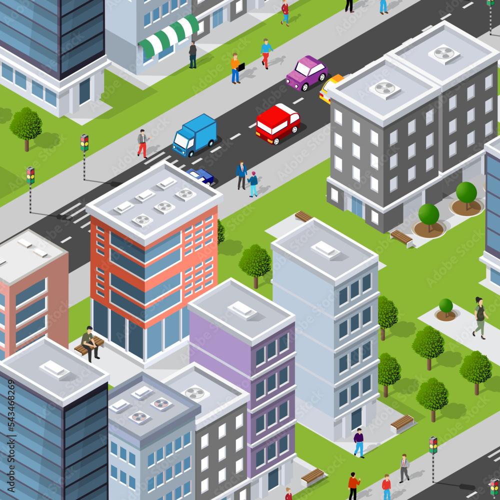 Isometric 3D illustrations of urban scenes are provided