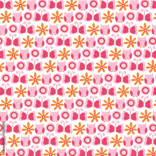 spring flowers, owls and butterflies patterns (ID: 543468411)