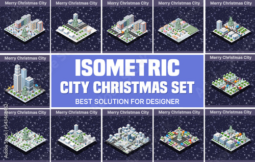 Set isometric illustration of a city based on three-dimensional