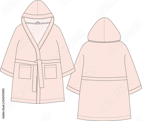 Bathrobe technical sketch. Light peach pink color. Hooded bathrobe with pocket and belt.