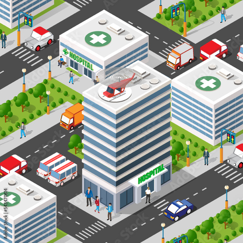 Hospital with medical staff and therapy helicopter accepts patients