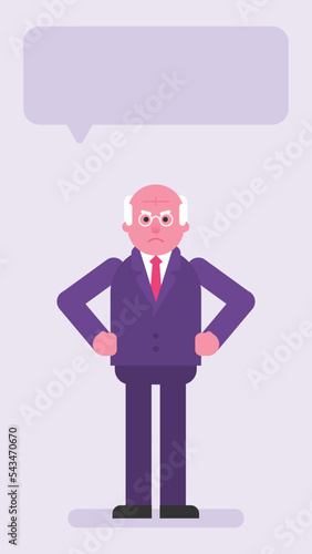 Old businessman keeps hands on hips and upset