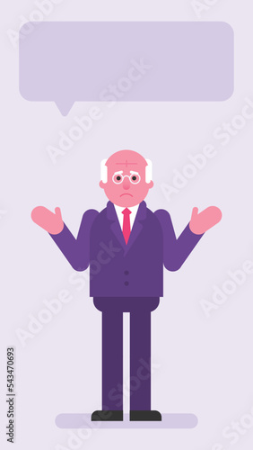 Old businessman spreads his arms to side and upset