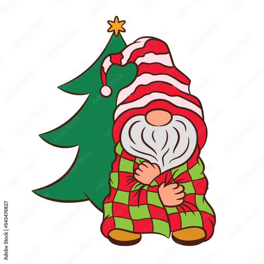 Cute gnome Christmas vector illustration. Funny nordic gnome standing under the Christmas tree with coffee mug. Hot drink cocoa and marshmallows cozy holiday concept. Cute gnome Christmas vector illustration. Funny nordic gnome standing under the Christmas tree with coffee mug. Hot drink cocoa and marshmallows cozy holiday concept.
