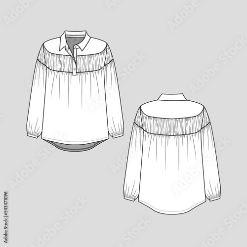 Fashion Gathering Polo Collar T shirt   top Long Sleeve gathering with cuff hem Half open button panel placket high low hem shirt blouse flat sketch technical drawing template design vector