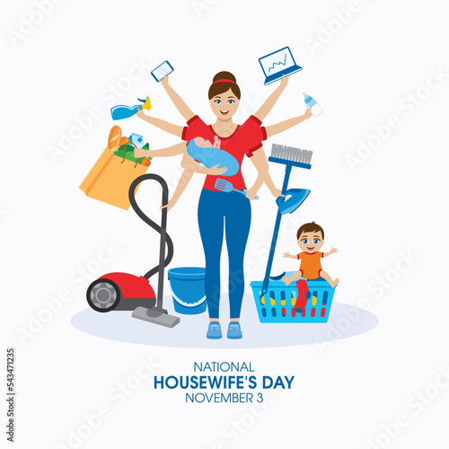 National Housewife's Day poster with cleaning woman vector. Hard working woman icon vector. Hardworking mom drawing. November 3 every year. Important day