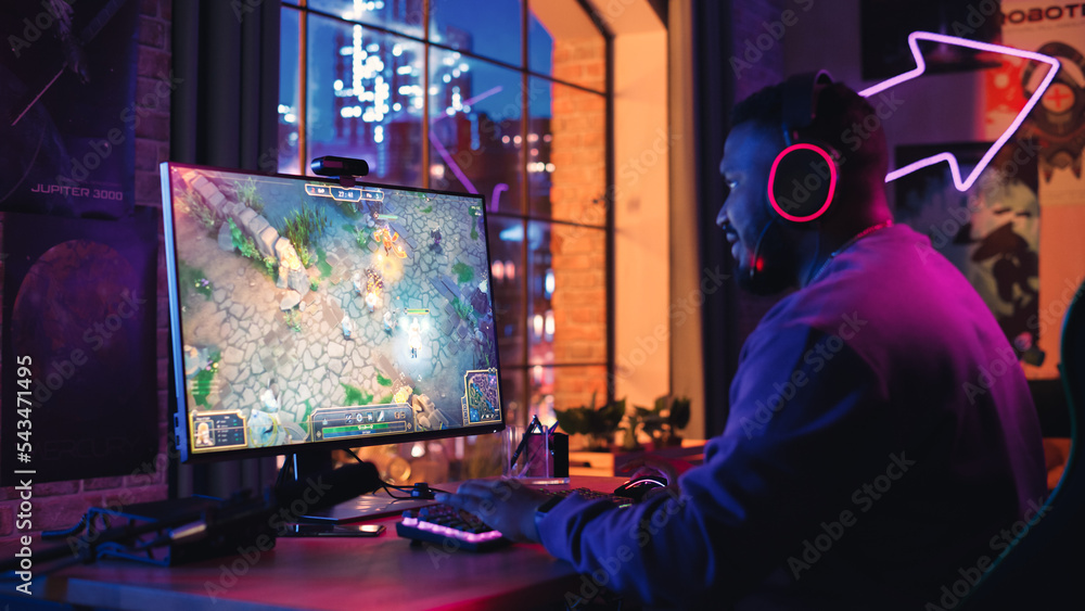 Gaming From Home: Black Gamer Playing Online Video Game on Powerful Personal  Computer. Stylish Male Player Enjoying RPG Strategy. Display Showing Arcade  Online Multiplayer PvP Battle. Photos | Adobe Stock