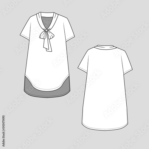 Knot Neck Dress Kimono Short Sleeve neck Tie up high low dip hem Dresses fashion flat sketch technical drawing template design vector
