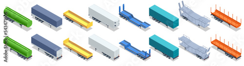Isometric Types of trailers. Parked semi trailer, semi trailer truck on a white background