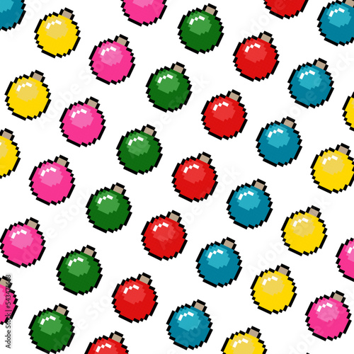 Christmas pixelated colorful seamless pattern with baubles. Festive pixel decorations. Winter retro 8 bit pattern. White background. Vector illustration.