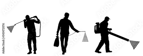 Decontamination against virus applying chemical spray. Cleaning man medical protective gear vector silhouette. Floor care service worker washing. Sterile hospital prevention job. Farmer uses pesticide