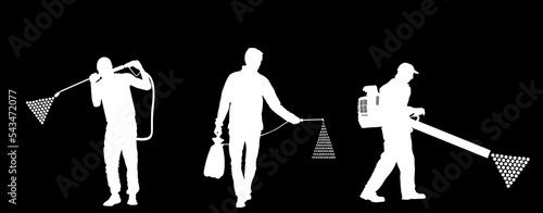 Decontamination against virus applying chemical spray. Cleaning man medical protective gear vector silhouette. Floor care service worker washing. Sterile hospital prevention job. Farmer uses pesticide