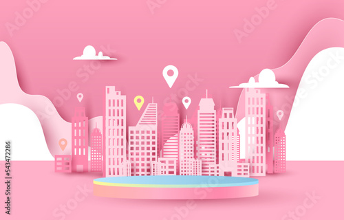 Podium for placing products. clouds, free space, city, check in