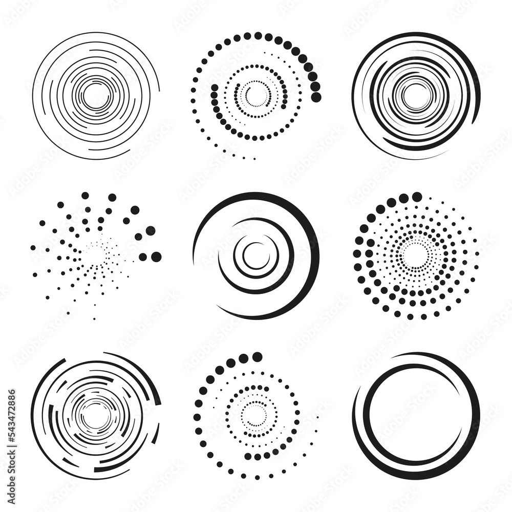 Vector set of black halftone dotted speed lines. Circular speed line made of circles. Vector set of black halftone dotted speed lines. Circular speed line made of circles.