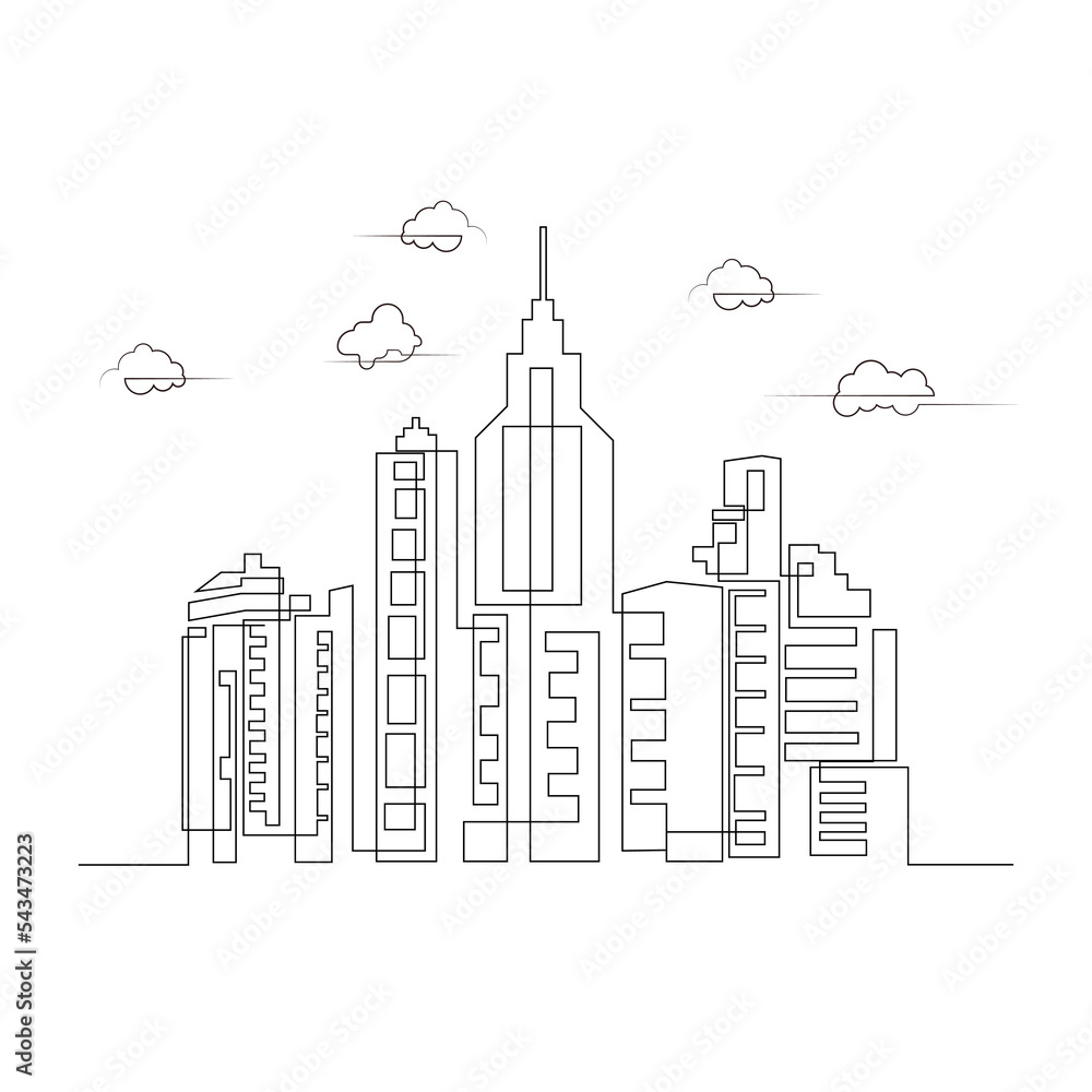 City buildings skyline with clouds minimalist one-line drawing illustration