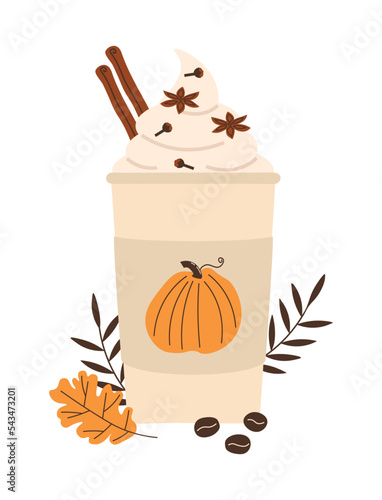 Latte with whipped cream and spices. Coffee in paper cup. Cup of coffee with pumpkin spices. Hot delicious autumn seasonal drink. Cozy fall illustration. Flat vector isolated on white background.
