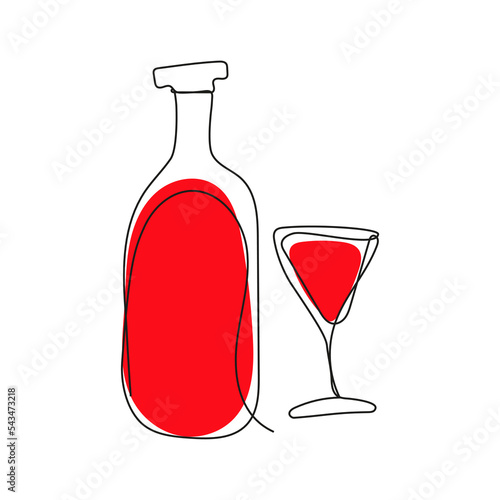 Glass of red wine and bottle in sketch style. Vector concept illustration of alcoholic drinks. Wineglass icon. Poster for wine tasting, party, restaurant menu.