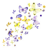 Watercolor illustration. Butterfly composition in yellow and purple colors with graphic elements. Flying butterflies, summer insects.