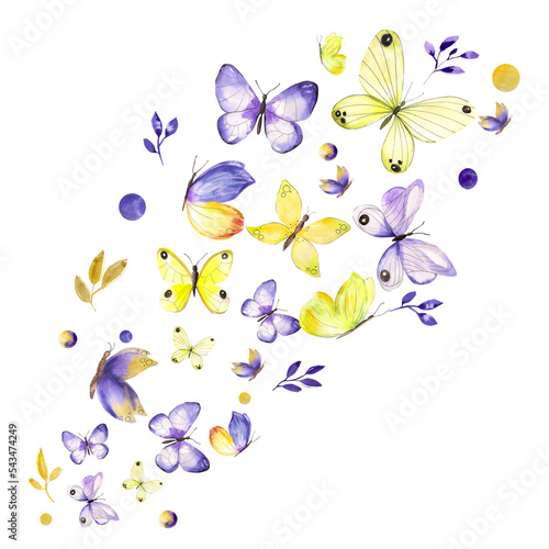 Watercolor illustration. Butterfly composition in yellow and purple colors with graphic elements. Flying butterflies, summer insects.