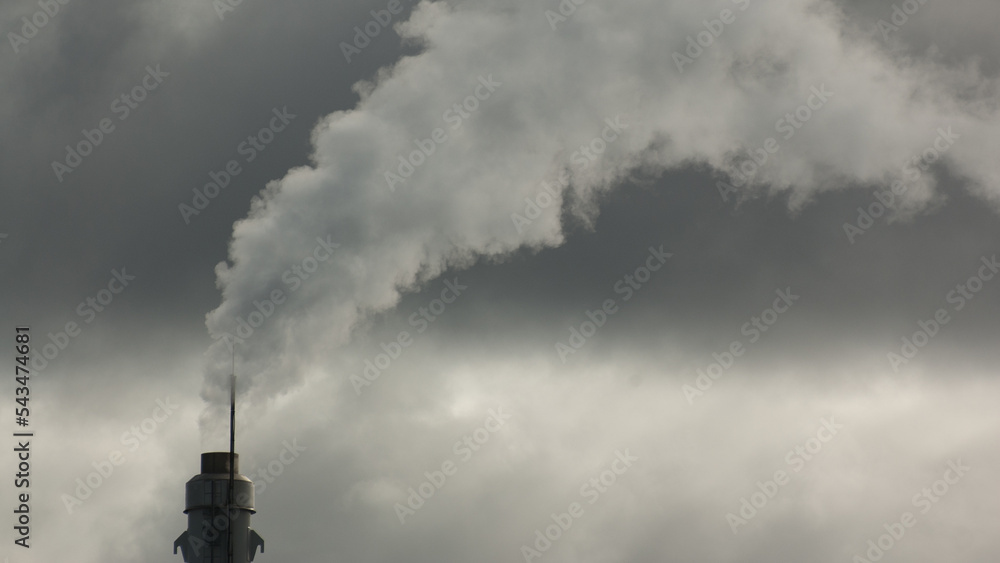 Obraz premium metal pipes of the plant against a gray sky, gray smoke comes out of the pipes