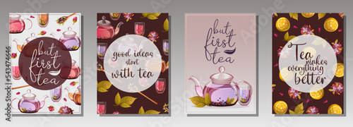 Set of templates cards posters banners with vector illustration of teapots,cups,tea,lemons,lettering. Isolated on gray.