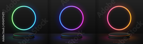 Set of realistic black 3D cylinder pedestal podium with red, green, blue, yellow glowing circle neon light background. Abstract minimal scene. Mockup products, Stage showcase, Vector geometric forms.