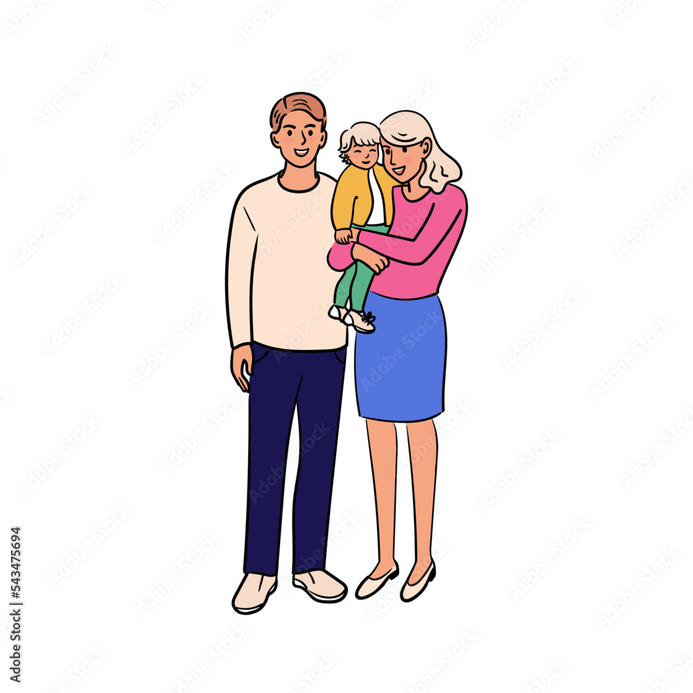 Happy flat family standing together.Mom, dad, children. Hand drawn style.Stock vector illustration.