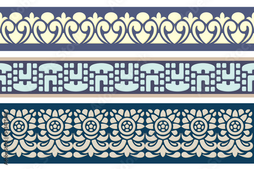 Seamless color trim set. Abstract repeating motifs. Lace ribbon tape, endless repeating trim pattern.