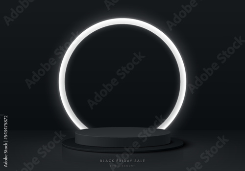 Realistic 3D black cylinder pedestal podium with round circle glowing neon lighting background. Black friday sale concept, Vector abstract minimal scene for products stage showcase, Promotion display.