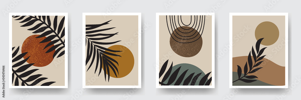 Abstract geometric shapes poster in mid-century style. Tropical palm leaf, geo elements, poster, boho wall decor, flat design Abstract geometric shapes poster in mid-century style. Tropical palm leaf, geo elements, poster, boho wall decor, flat design