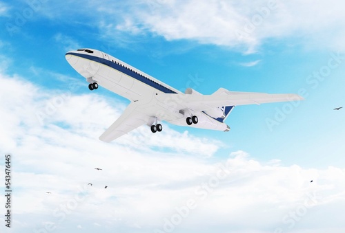 White passenger plane in the clouds. Travel by air transport. 3d rendering.