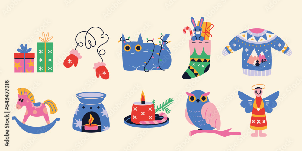 Fototapeta premium Collection of New Year and Christmas attributes, cartoon style. Set of traditional winter holidays symbols. Xmas decorations, clothes, toys and gifts. Trendy modern vector illustration, flat design