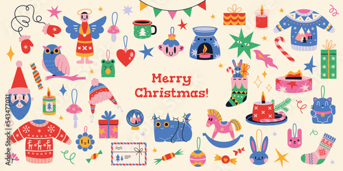 Collection of New Year and Christmas attributes, cartoon style. Set of traditional winter holidays symbols. Xmas decorations, clothes, toys and gifts. Trendy modern vector illustration, flat design.