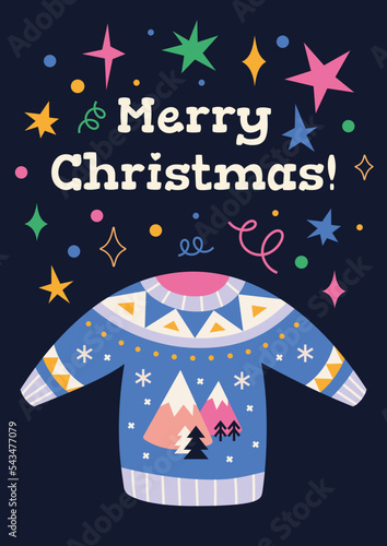Christmas greeting card with Traditional ugly sweater, cartoon style. Trendy modern vector illustration, hand drawn, flat design.