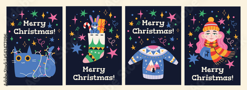 Merry Christmas Set of greeting cards, posters, holiday covers, cartoon style. Trendy modern vector illustration, hand drawn, flat design. © WinWinFolly