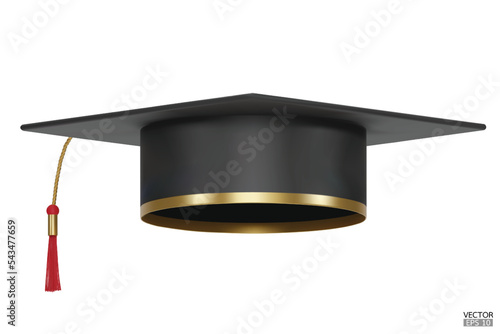 3D realistic Graduation university or college black cap isolated on white background. Graduate college, high school, Academic, or university cap. Hat for degree ceremony. 3D vector illustration.