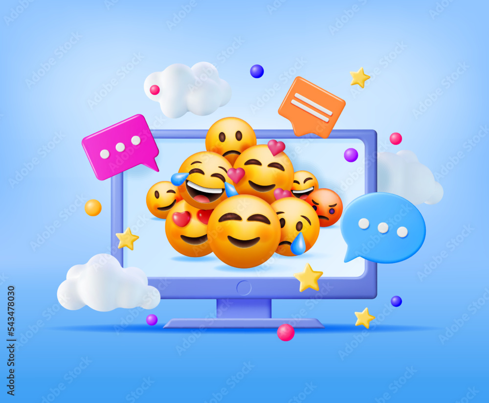 Obraz premium 3D Set of Emoticons in Computer. Social Media Yellow Faces with Various Emotions and Expression. Tear Smile Sad Love Happy Unhappy Like Lol Angry Wink Laughter Emoji Character. Vector Illustration