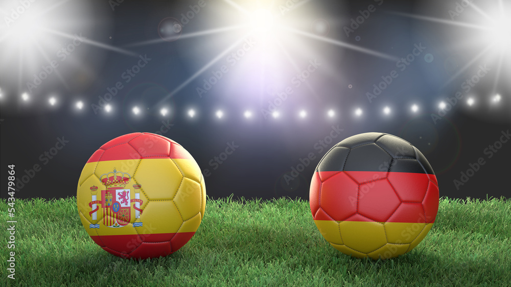 Fototapeta premium Two soccer balls in flags colors on stadium blurred background. Spain vs Germany. 3d image