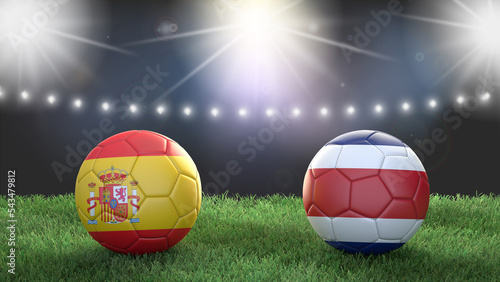 Two soccer balls in flags colors on stadium blurred background. Spain vs Costa Rica. 3d image