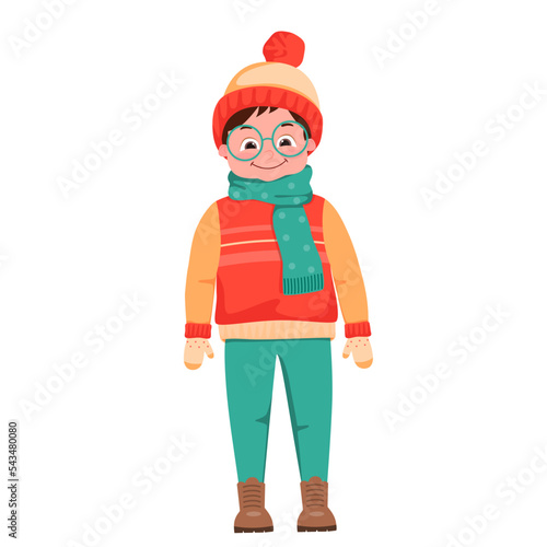 Happy Boy wearing Winter Clothes. Vector Illustration
