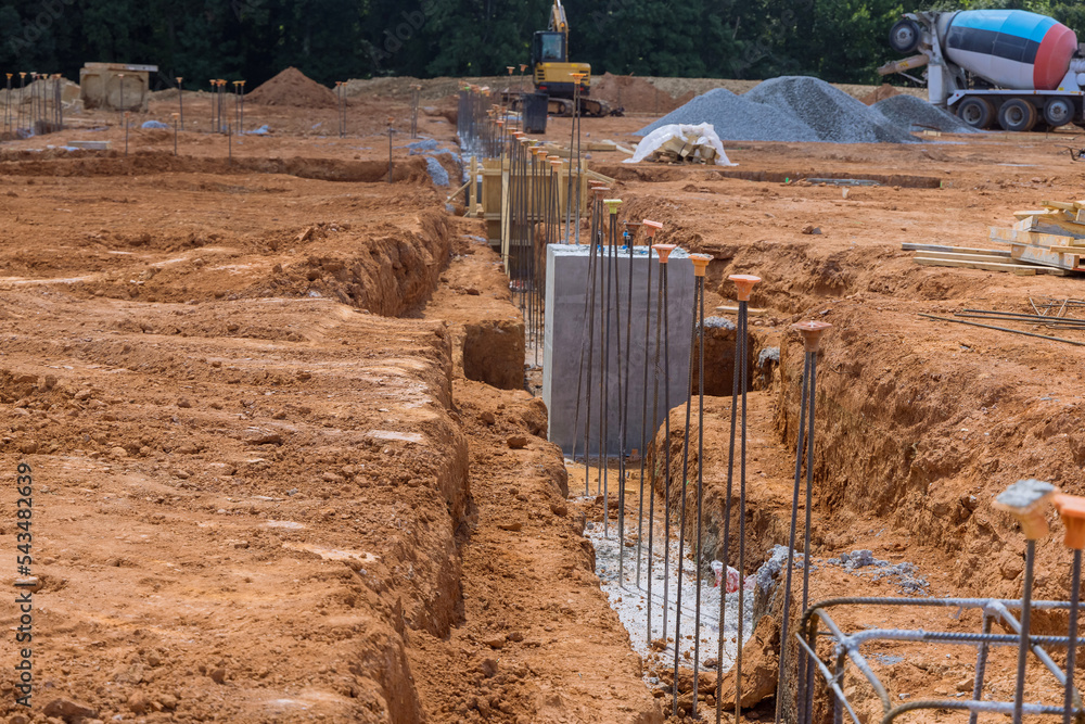 During construction reinforcement with steel bars rebar wires is being ...