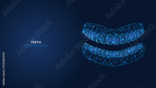 Futuristic abstract symbol of the upper and lower row of teeth. Wireframe dental clinic concept. Low poly geometric 3d wallpaper background vector illustration.