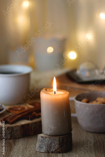 Bowl of cookies, cup of tea or coffee, chocolate, spices, knitted blanket, books, glasses and candle on the table. Cozy hygge atmosphere at home. Selective focus. © jelena990