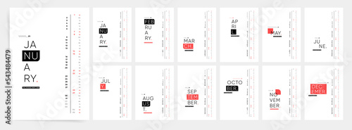 Modern and minimal calendar for year 2023. Abstract creative typography printable calendar template. Vector set of 12 months pages with brutalist style. 