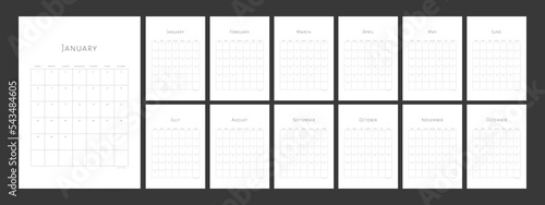2023 Simple Minimalist calendar. Week starts Sunday. Modern monthly calendar planner design for printing. Set of 12 pages desk or wall calendar.  