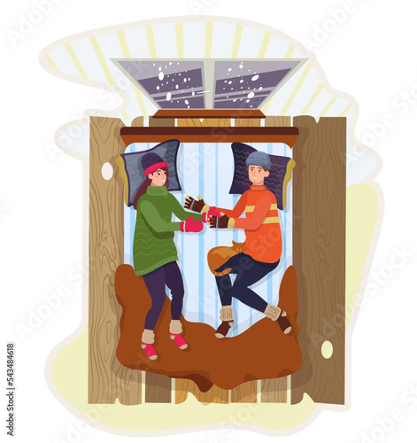 Man and woman wearing warm clothes lay in bed and freezing at home. People sleeping with hats, jumpers and socks in winter. Cold apartment, flat. Heating at home. Vector illustration.