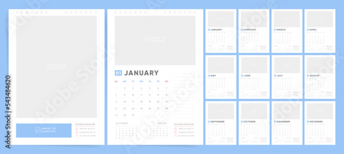 2023 year calendar template with notes and place for photo or brand image. Vector 2023 planner organizer with free copy space and notes space.