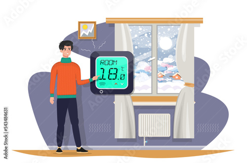 Man wearing warm clothes reducing room temperature on the heater, air conditioner, climate control. Warm at home. Freezing at home. Economy of energy. Flat vector illustration.