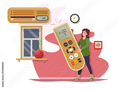 Woman wearing warm clothes reducing room temperature on the heater, air conditioner, climate control. Warm at home. Freezing at home. Economy of energy.  Energy saving concept. vector illustration.